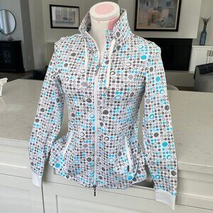 Bylyse Activewear Full Zip Nylon Blend Abstract Circle Print Jacket Blue Wht XS